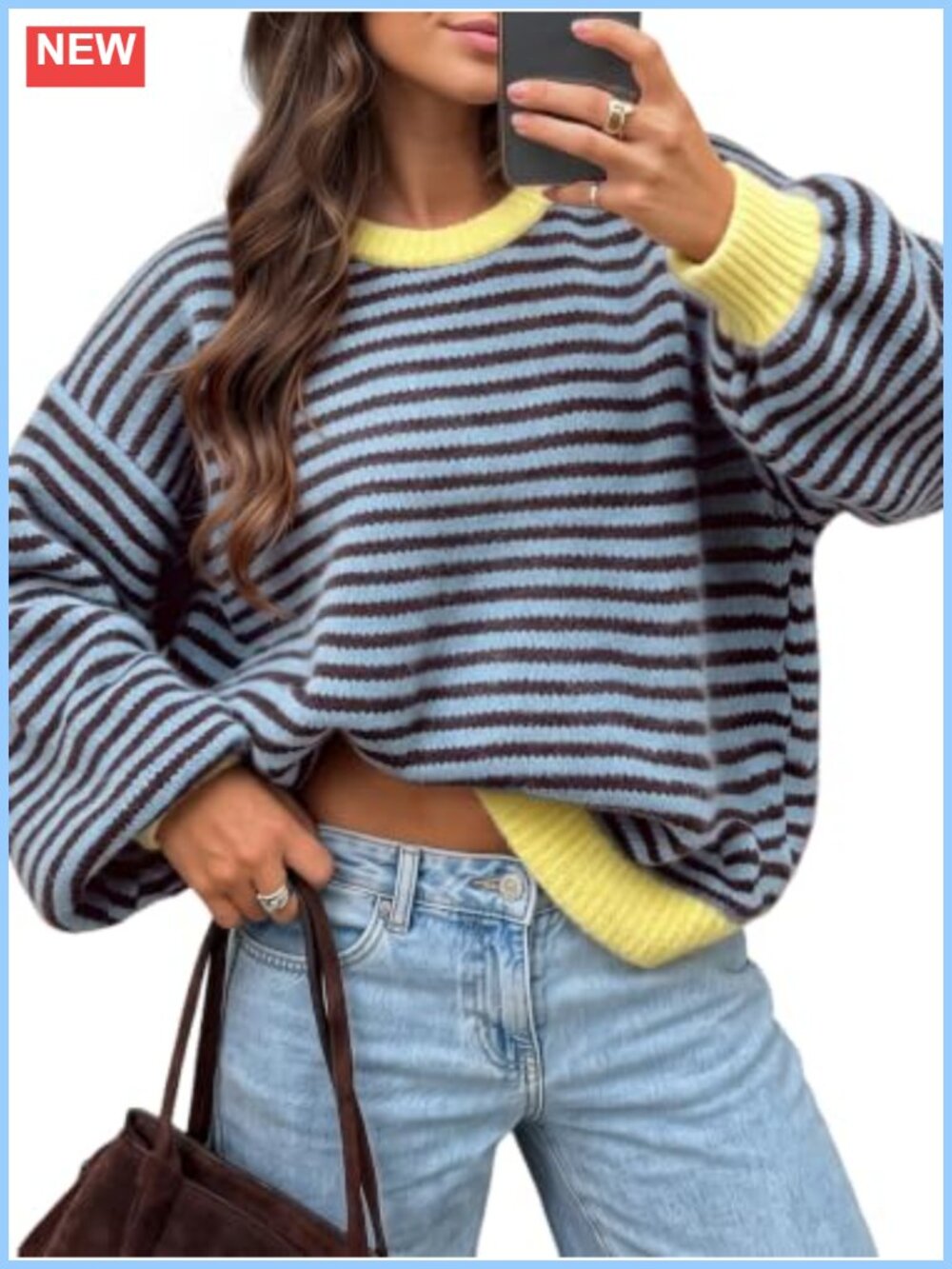 Womens Oversized Striped Pullover Sweater Contrast Trim Fall Winter